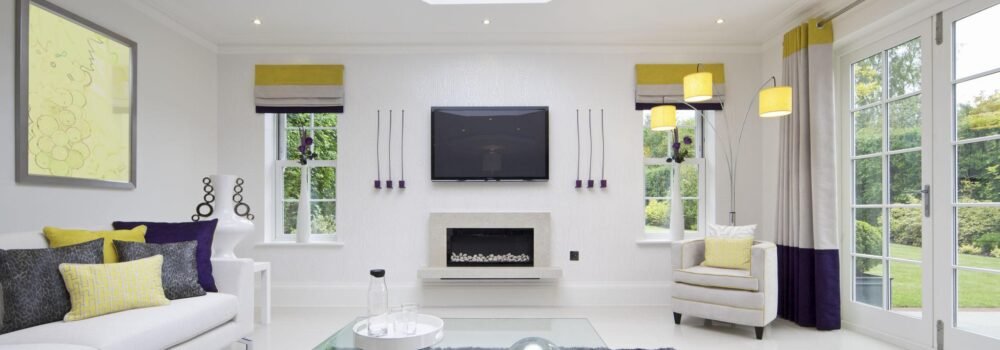 Bright living room with fireplace interior